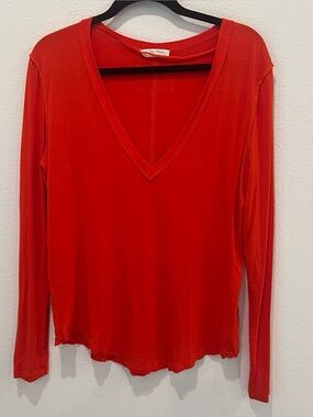 We The Free Distressed V-Neck Long Sleeve Top Red Orange L preppy indie summer